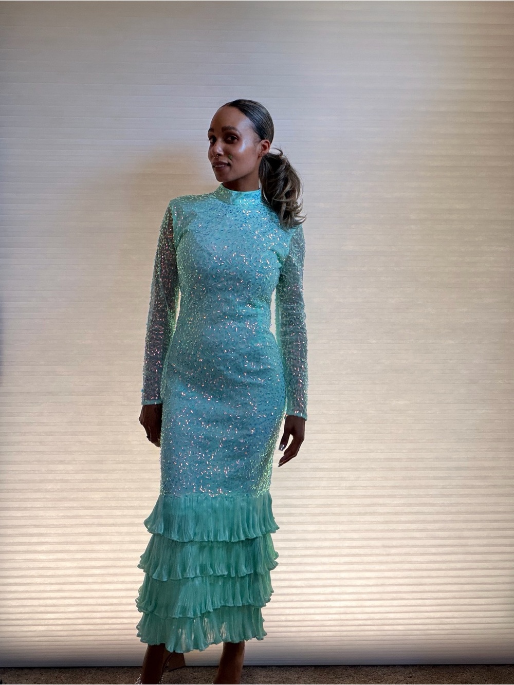 Bhanuni by Jyoti for Anthropologie Mint  Sequin Tiered Ruffle Maxi Gown